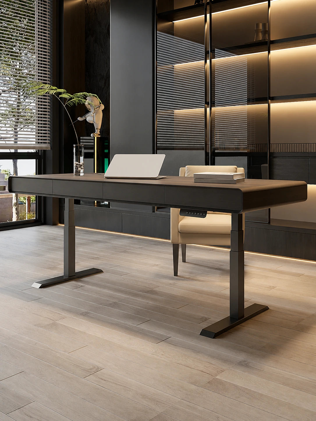 executive electric standing desk with drawers in a modern home office