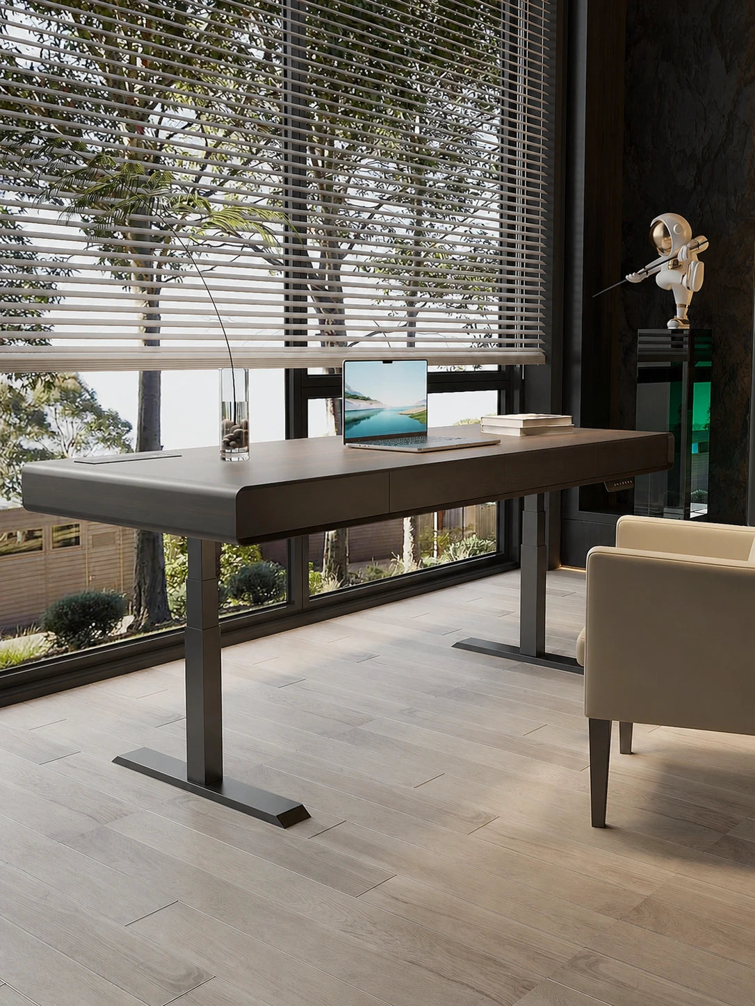 height adjustable executive desk beside a bright office window