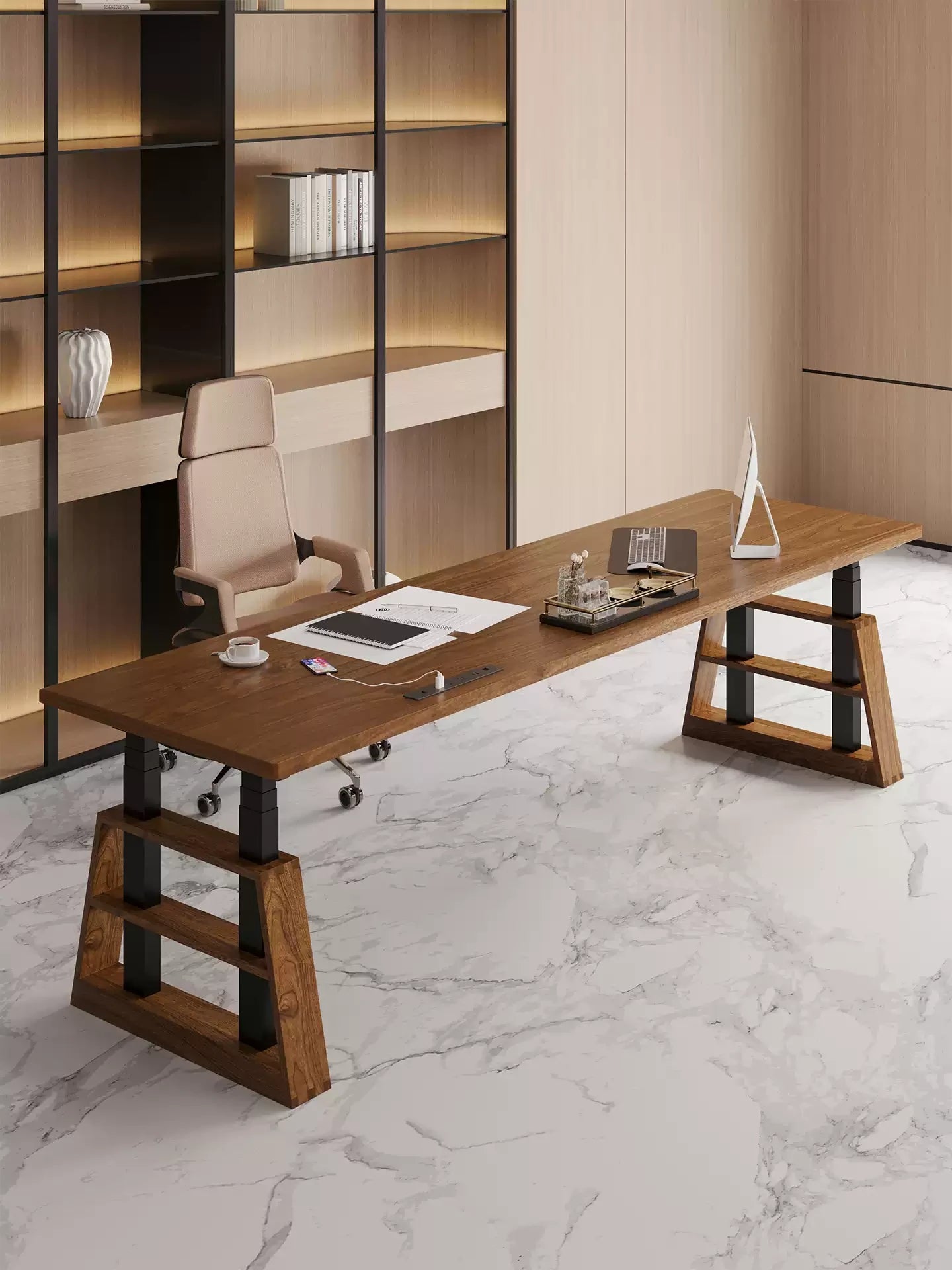 Executive solid wood height adjustable desk with integrated drawers