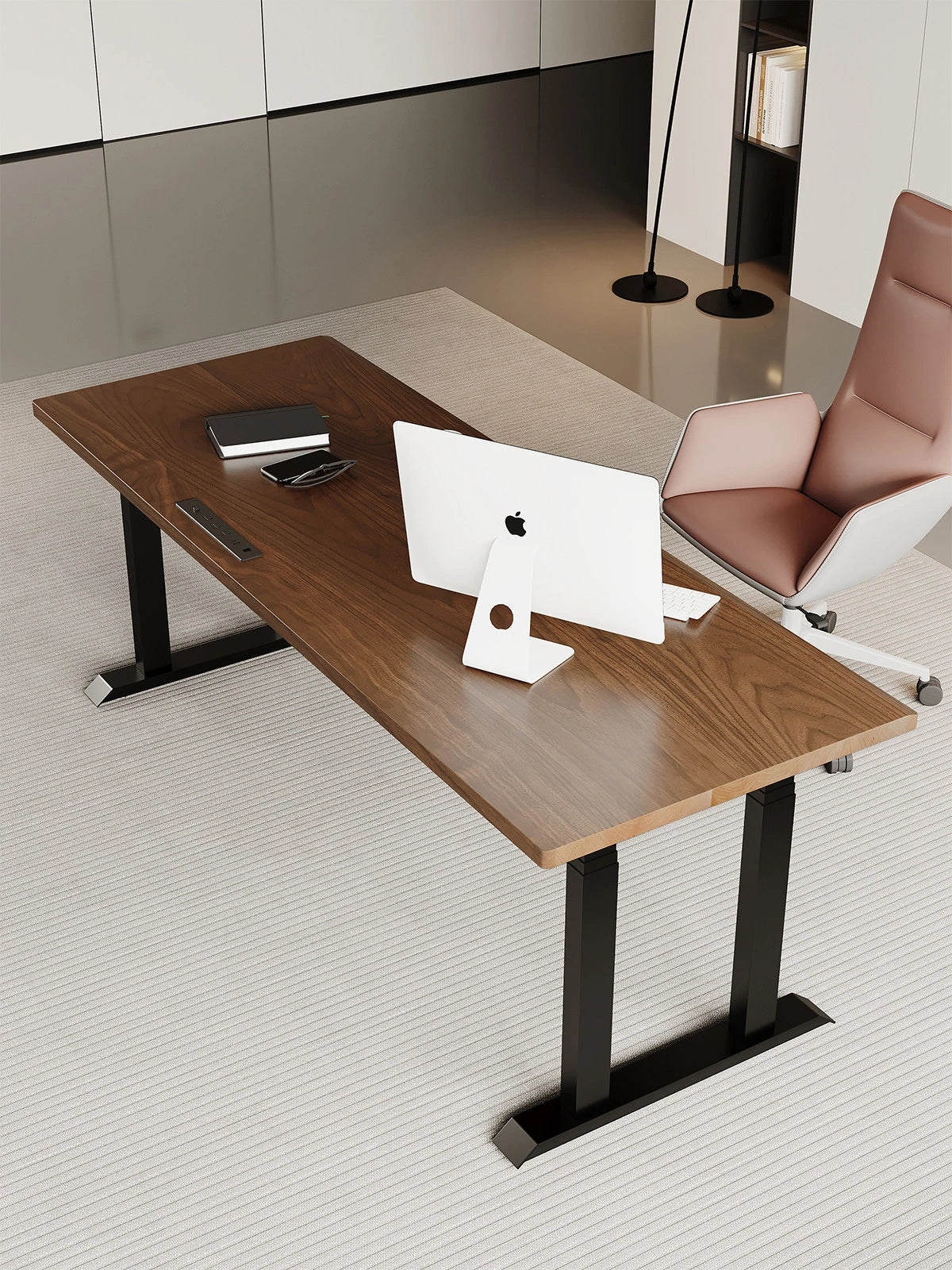 Executive solid wood height-adjustable desk viewed from above