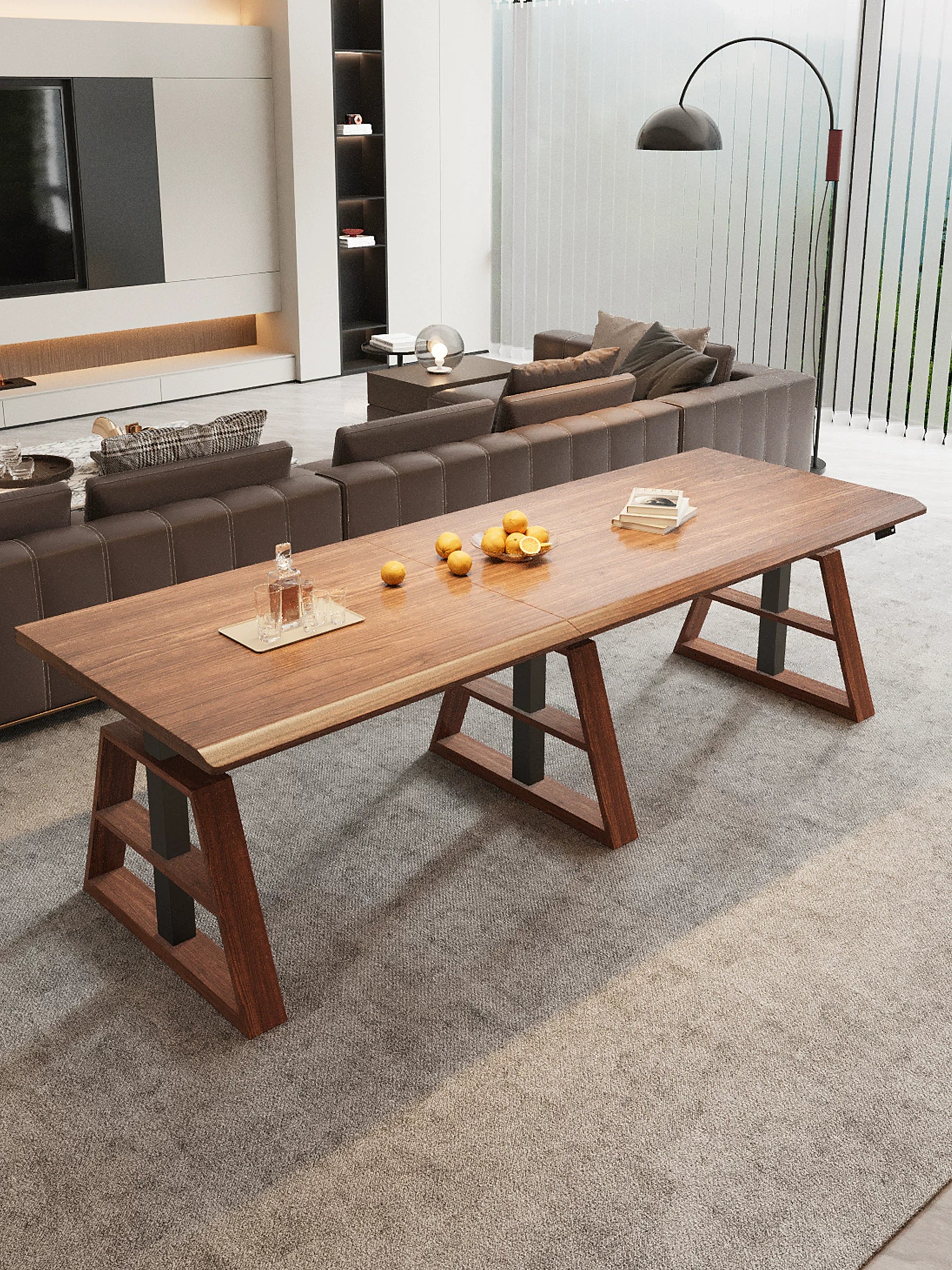 executive solid wood L-shaped electric standing desk in a modern office
