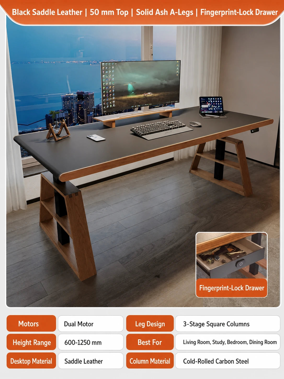 Black saddle leather electric standing desk with ash legs and fingerprint-lock drawer