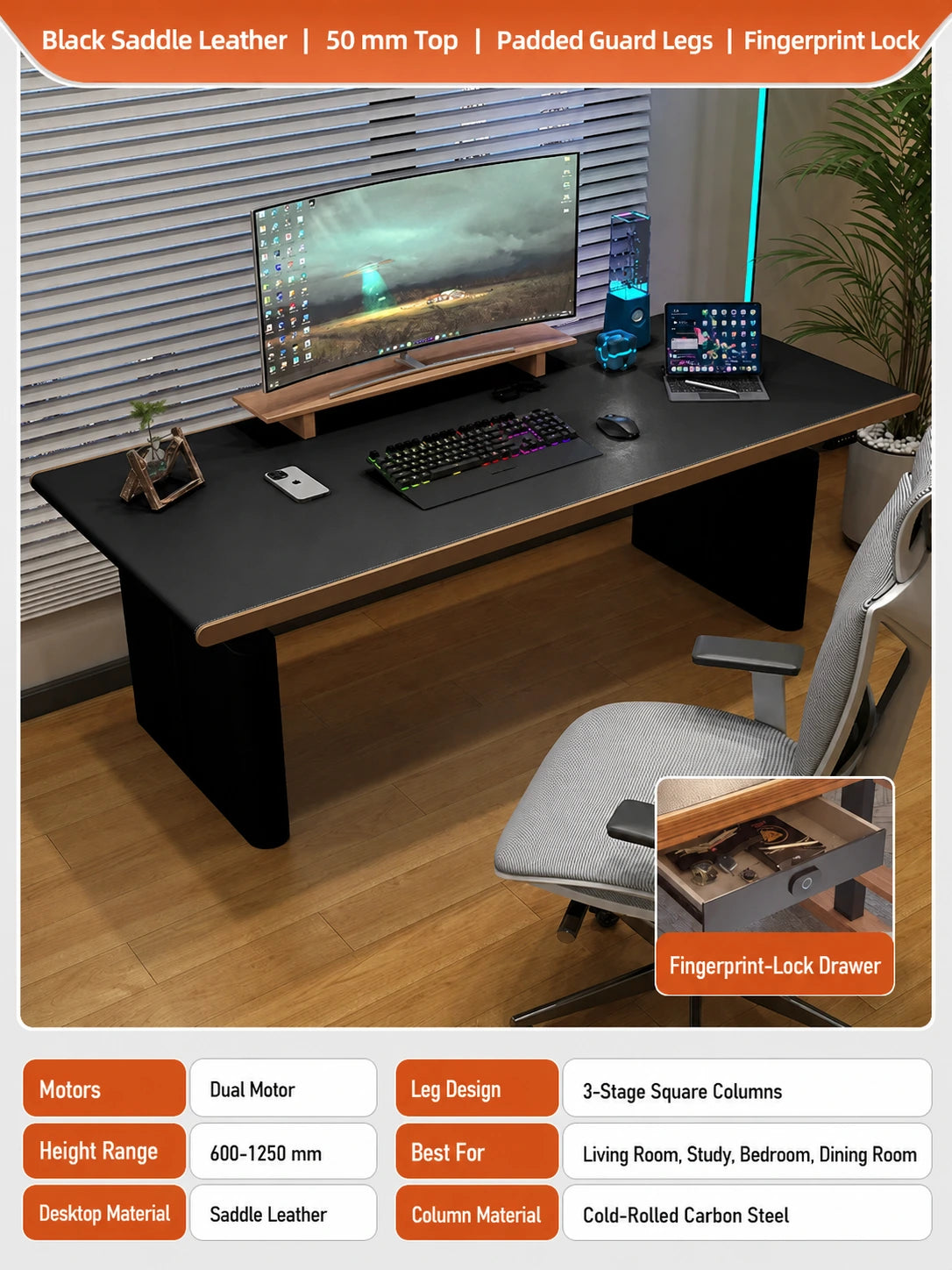 Black saddle leather electric standing desk with padded legs and fingerprint lock