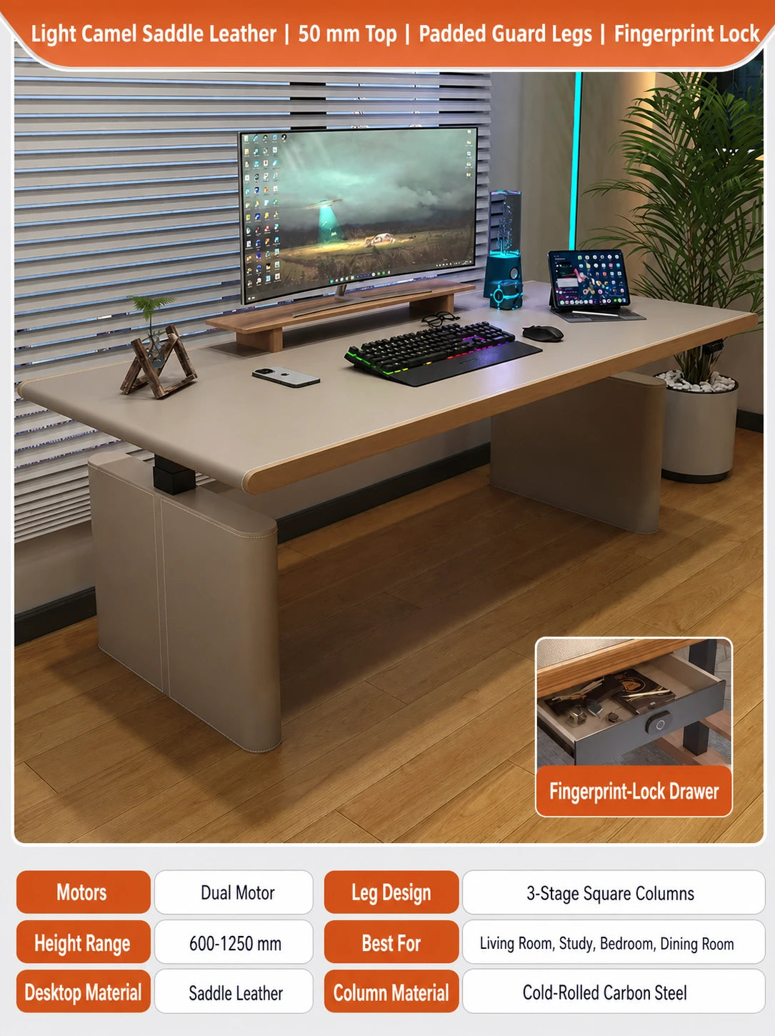Light camel saddle leather electric standing desk with padded legs and fingerprint lock