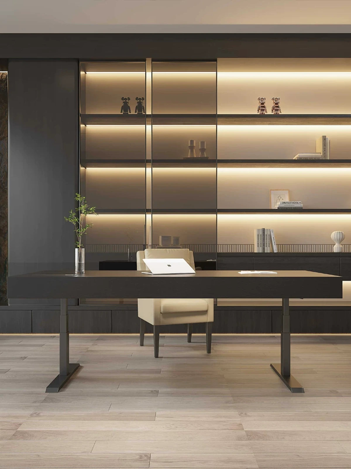 executive electric standing desk front view in a modern office