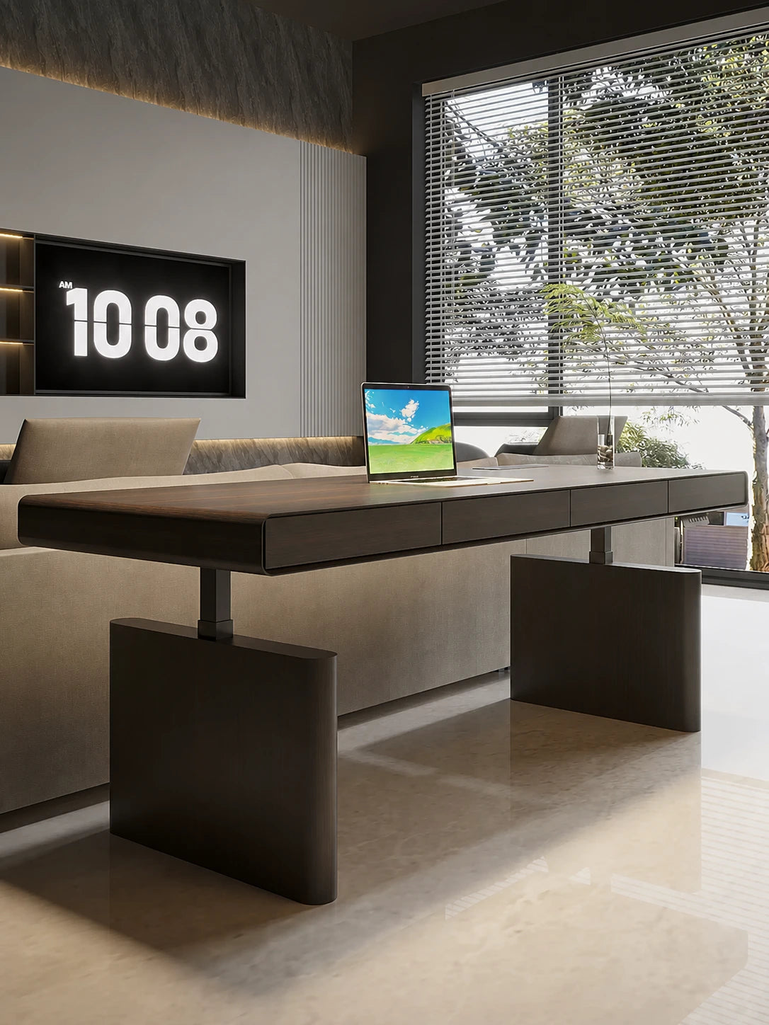 executive electric standing desk with drawer storage in a bright home office