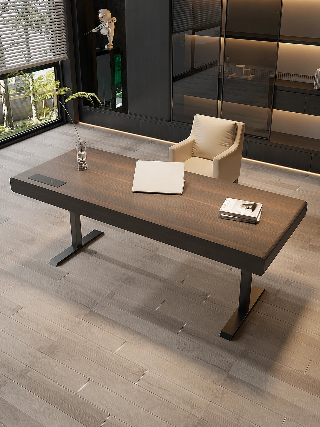 smoked wood executive standing desk in a modern office