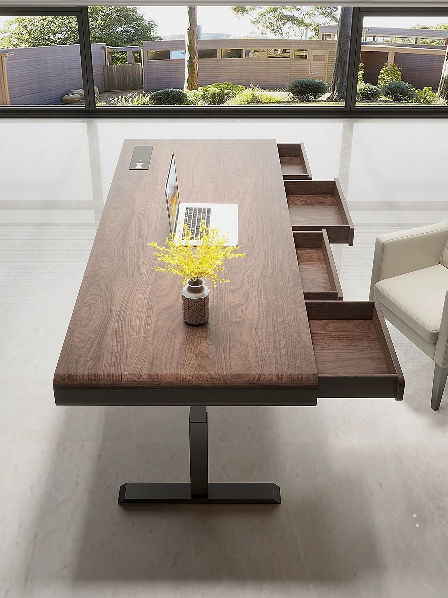 executive walnut standing desk with integrated storage
