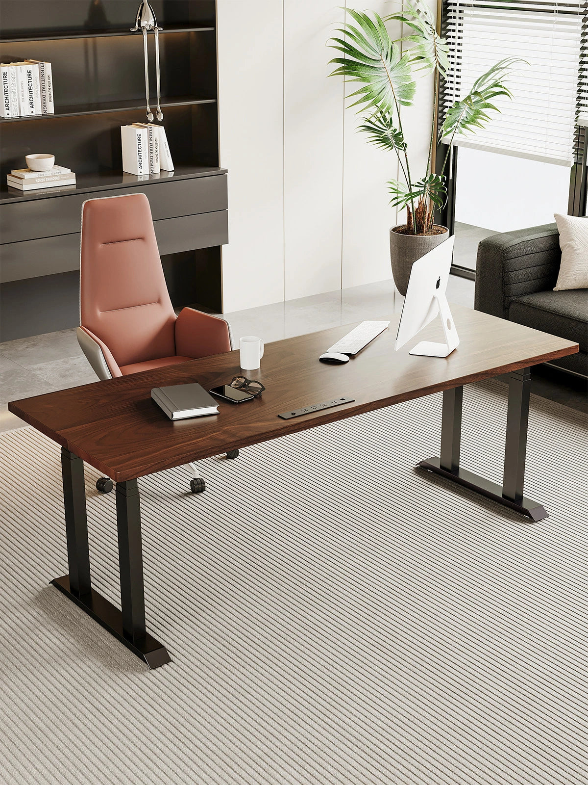 Extra-wide four-leg electric standing desk with solid wood top