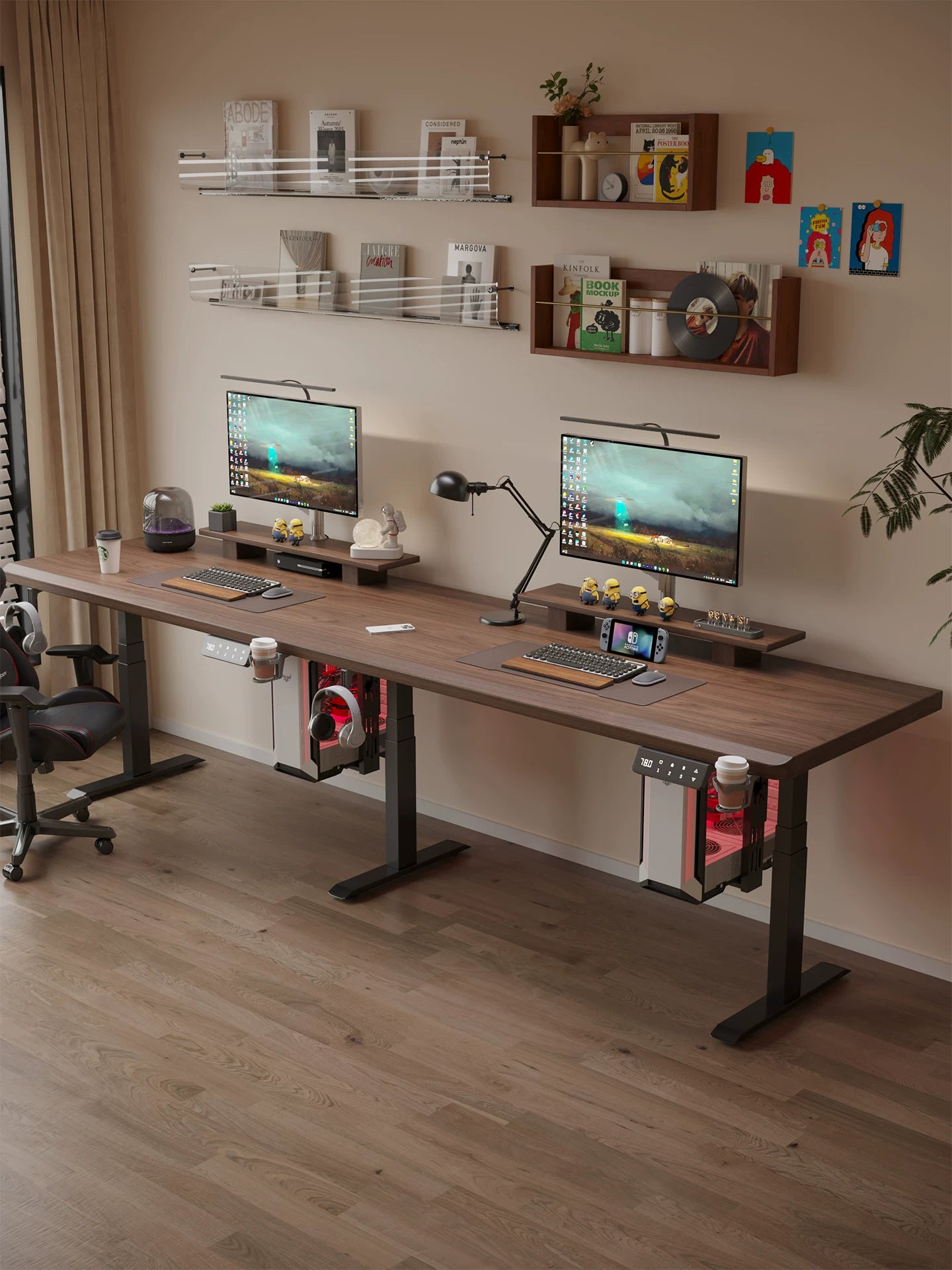 Extra-wide solid wood triple-motor electric standing desk for two people