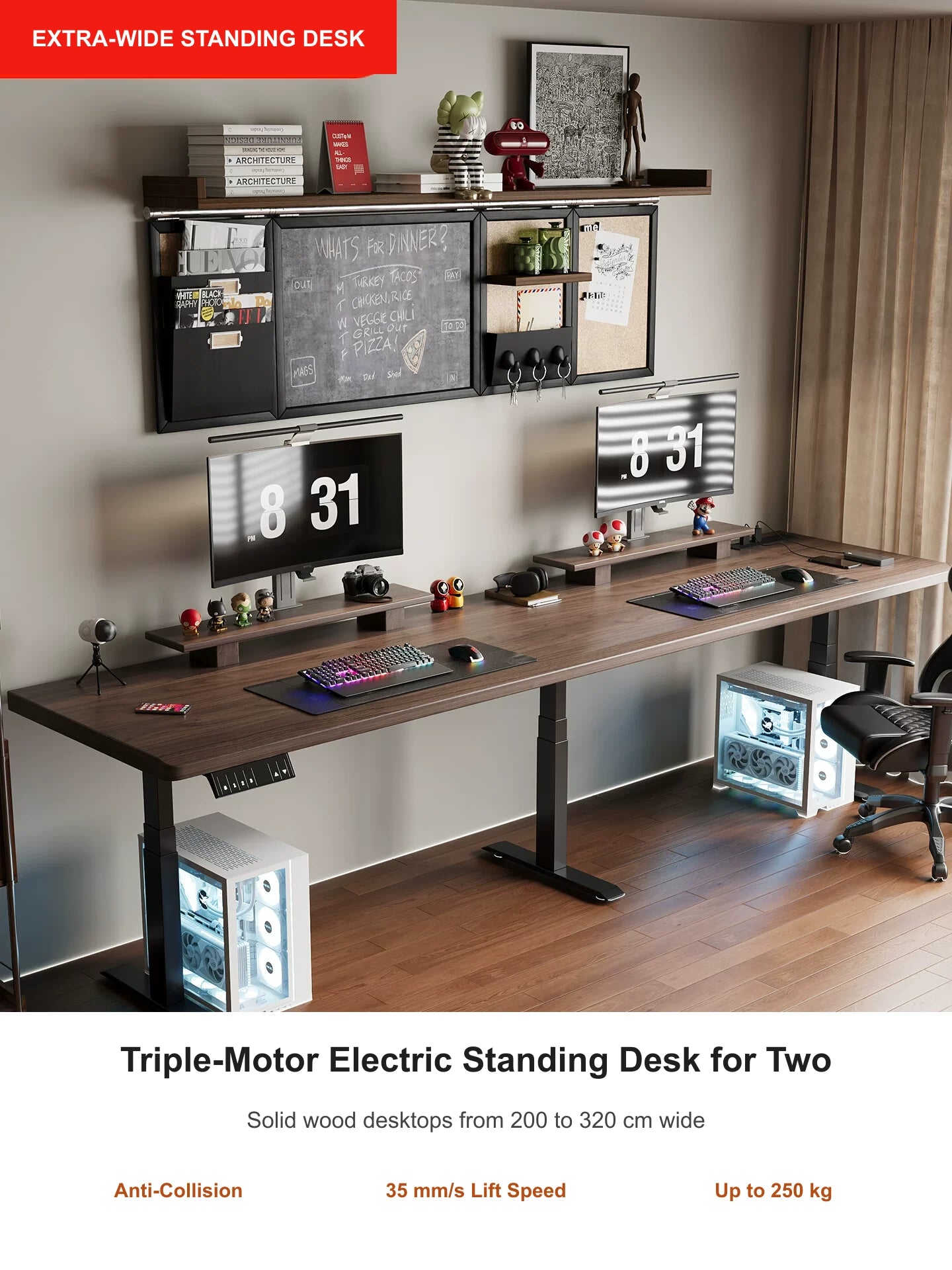 extra-wide triple-motor electric standing desk for two in a modern home office