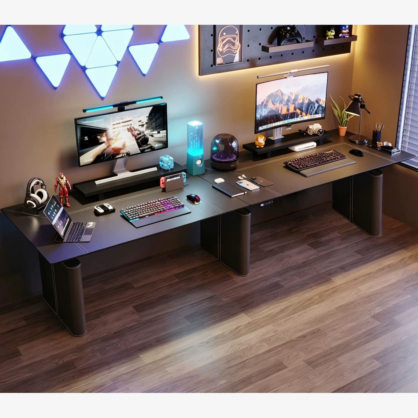 extra-wide triple-motor electric standing desk for a two-person gaming workstation