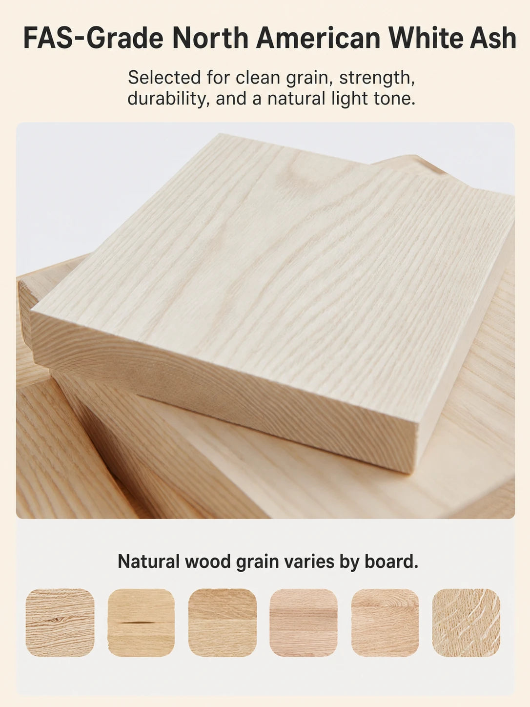 FAS-grade North American white ash wood grain for a solid wood standing desk