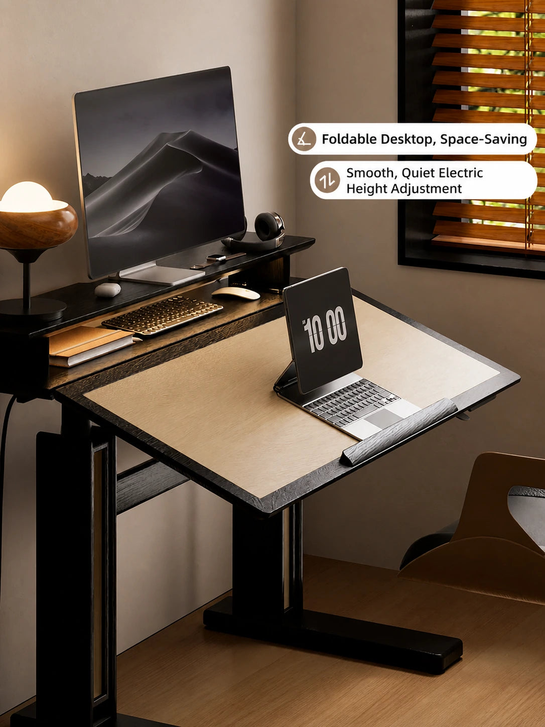 black red oak electric standing desk in a compact home office workspace