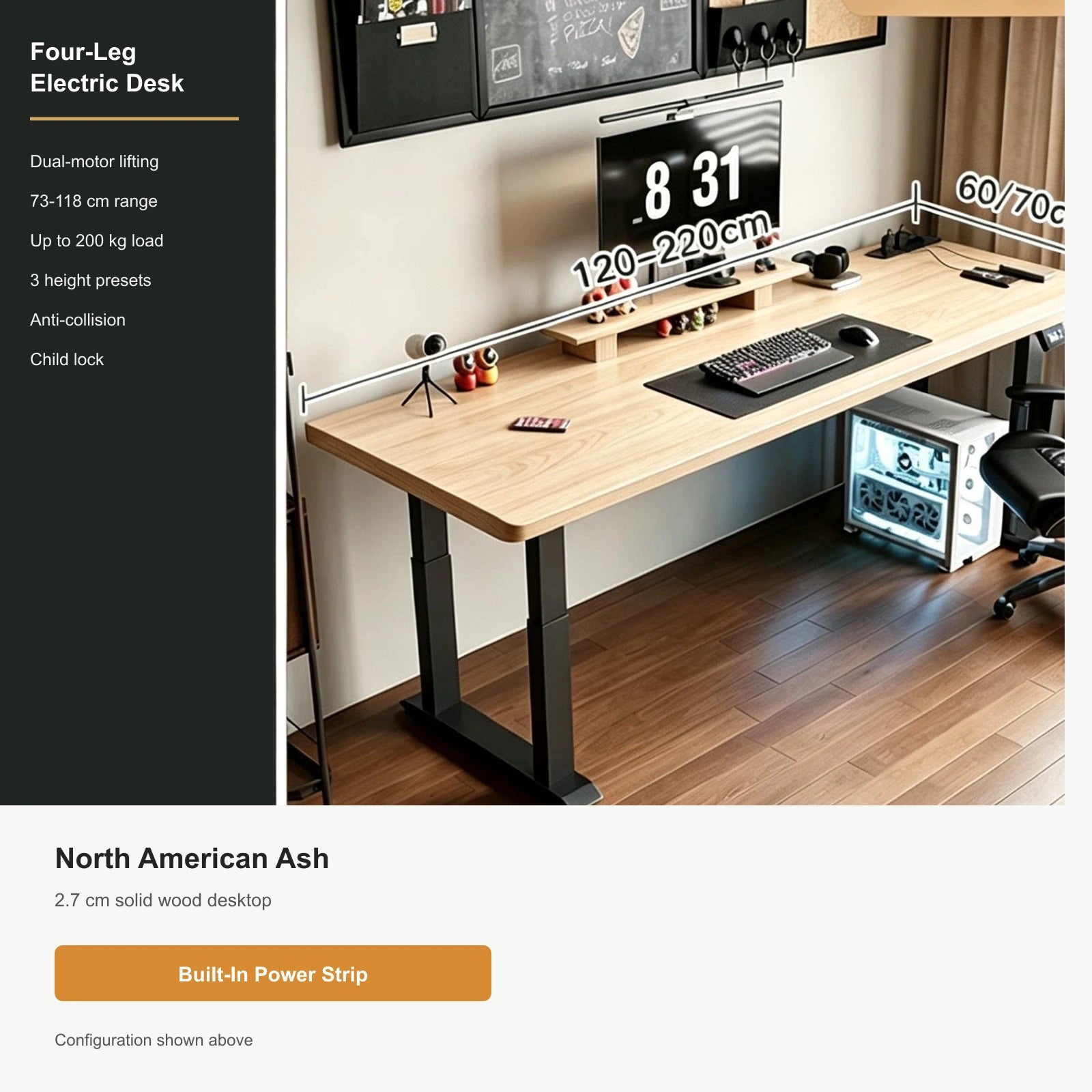 North American Ash, 2.7 cm Top, Four-Leg Dual Motor, Built-In Power Strip four-leg electric standing desk