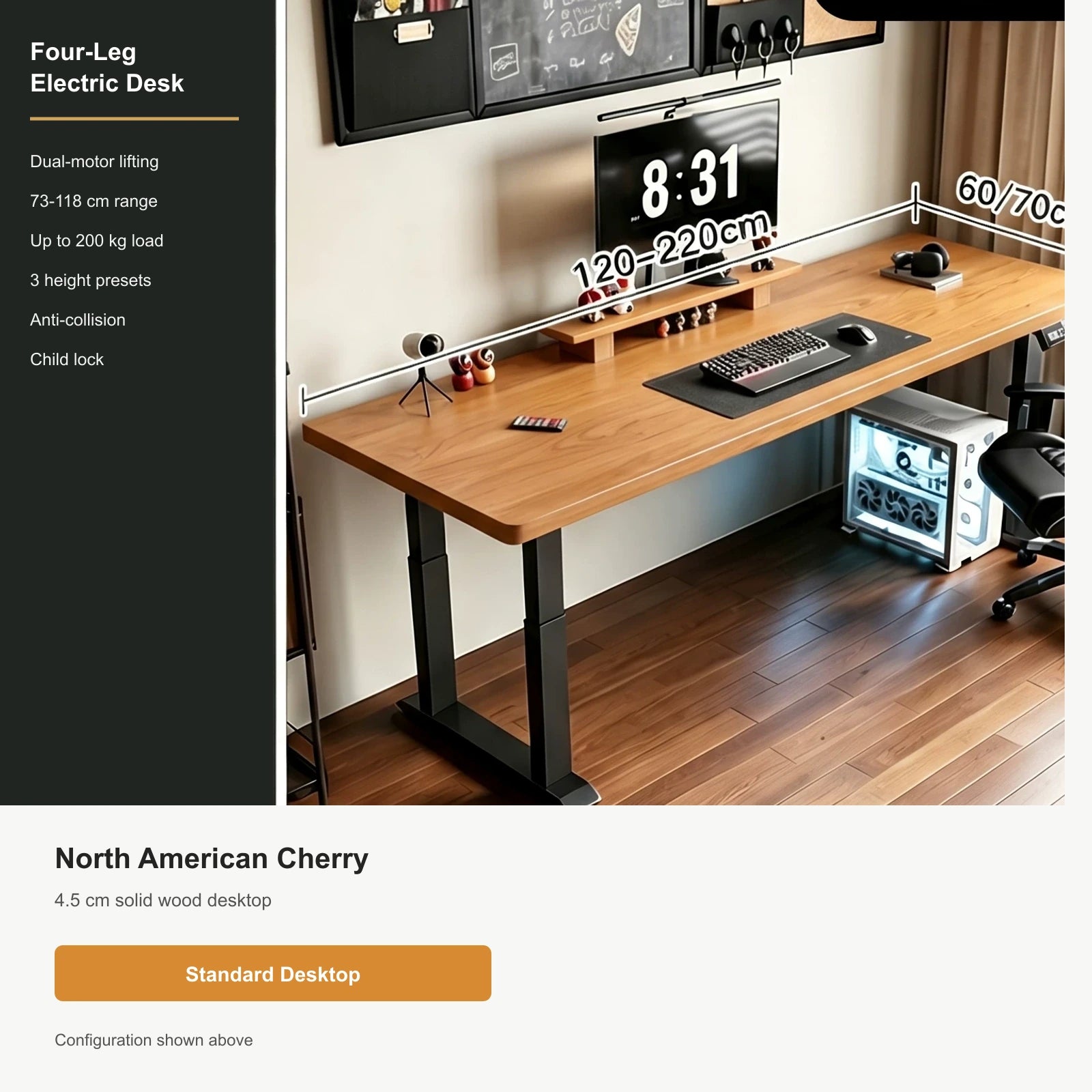 North American Cherry, 4.5 cm Top, Four-Leg Dual Motor four-leg electric standing desk