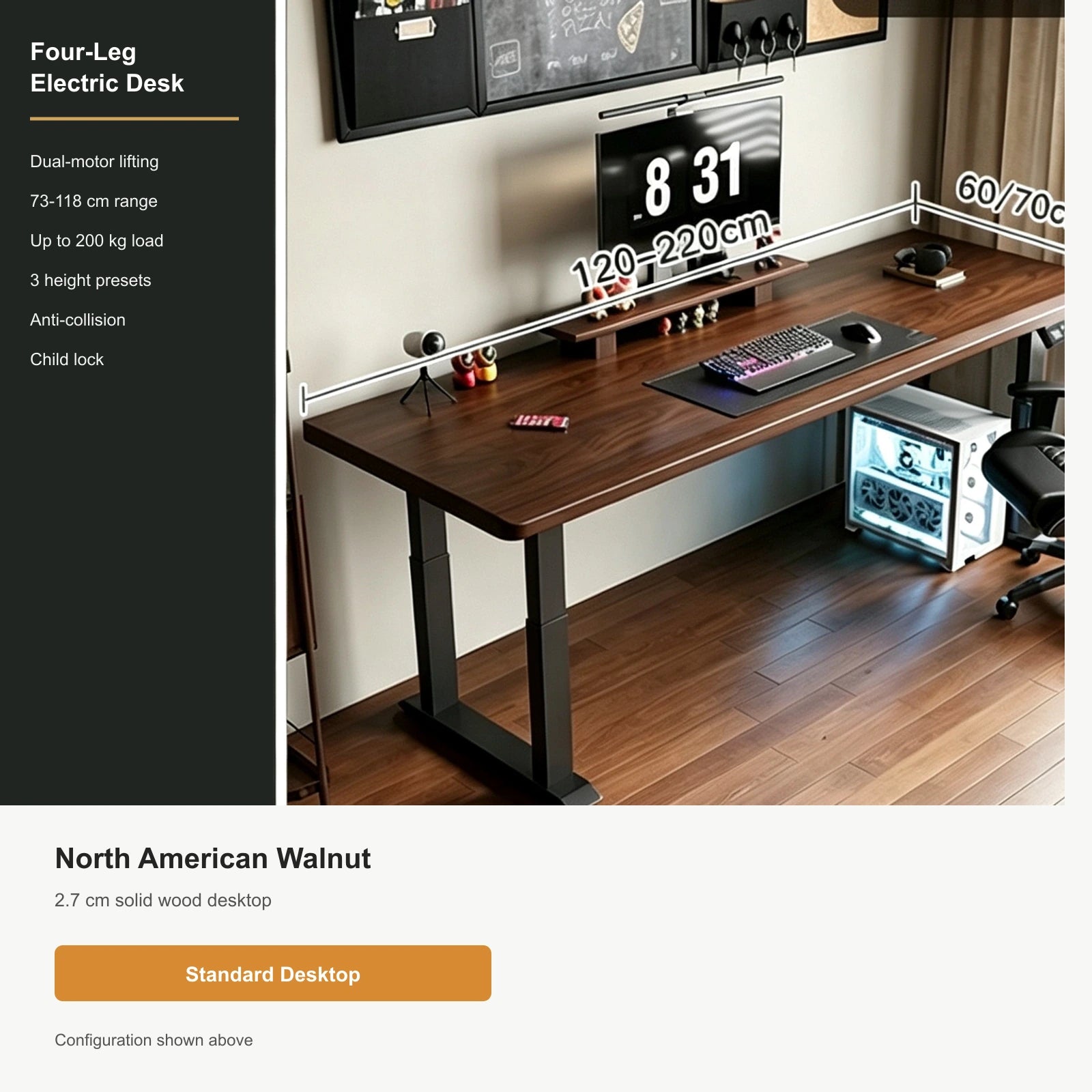 North American Walnut, 2.7 cm Top, Four-Leg Dual Motor four-leg electric standing desk