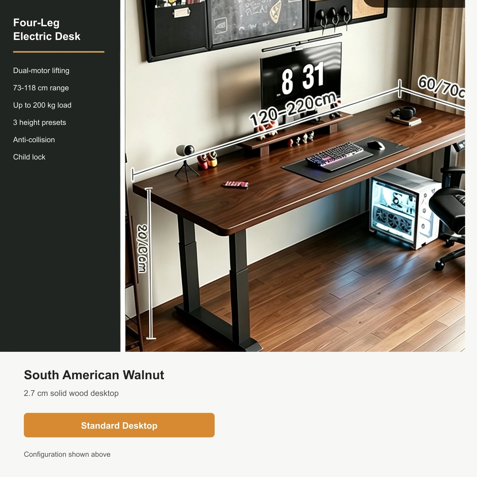 South American Walnut, 2.7 cm Top, Four-Leg Dual Motor four-leg electric standing desk