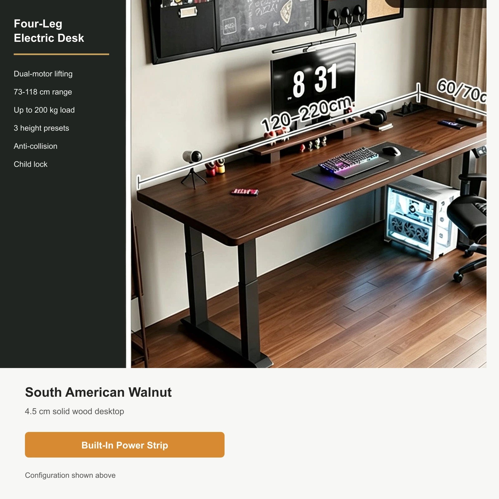South American Walnut, 4.5 cm Top, Four-Leg Dual Motor, Built-In Power Strip four-leg electric standing desk