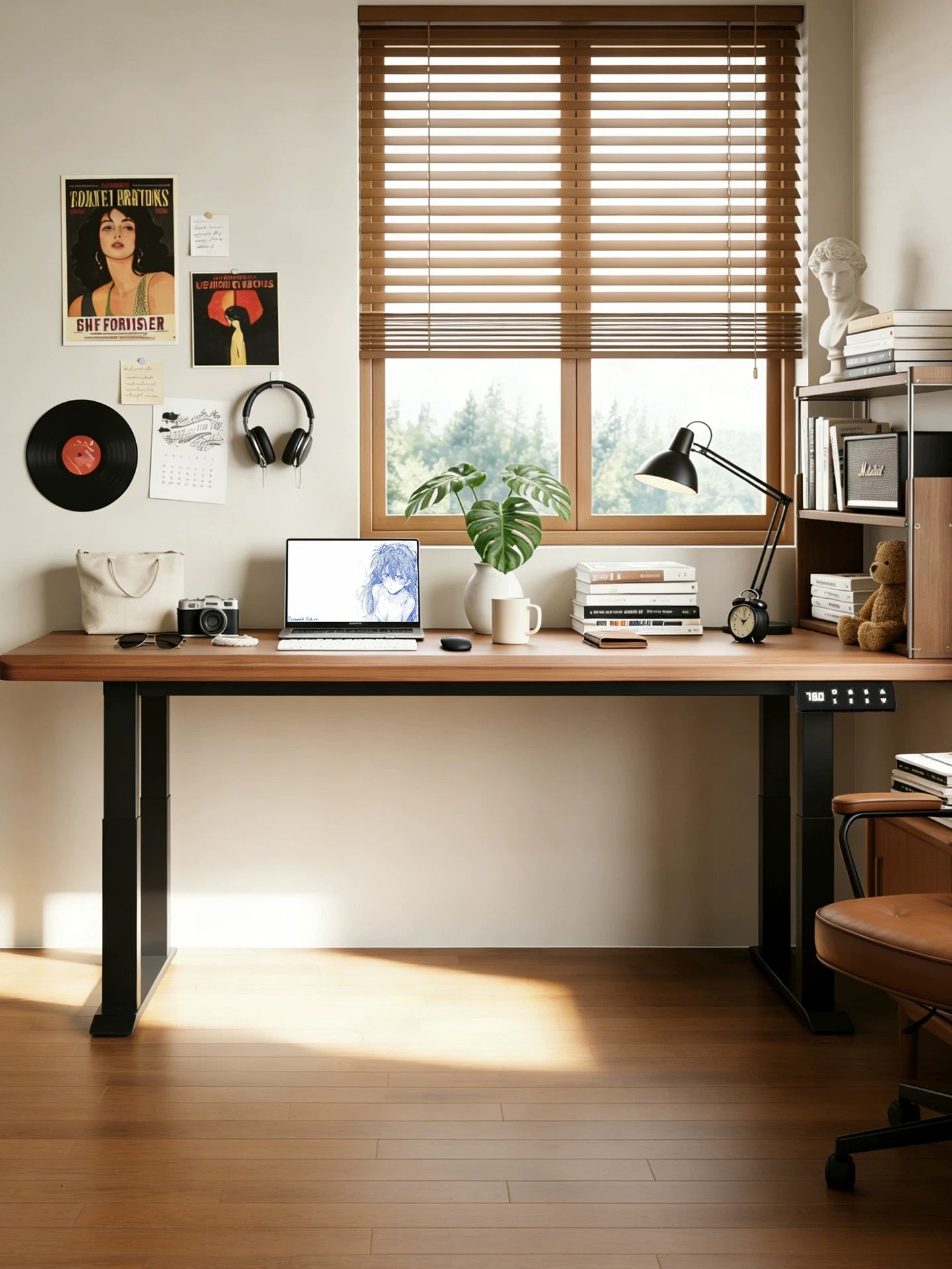 walnut four-leg electric standing desk in a modern office scene