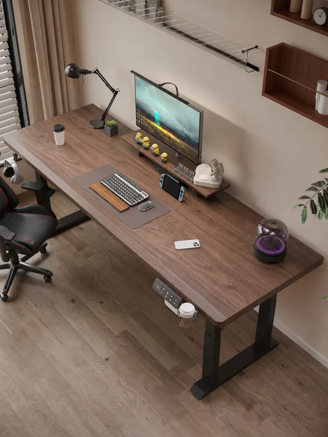 four leg electric standing desk workspace view with solid wood desktop