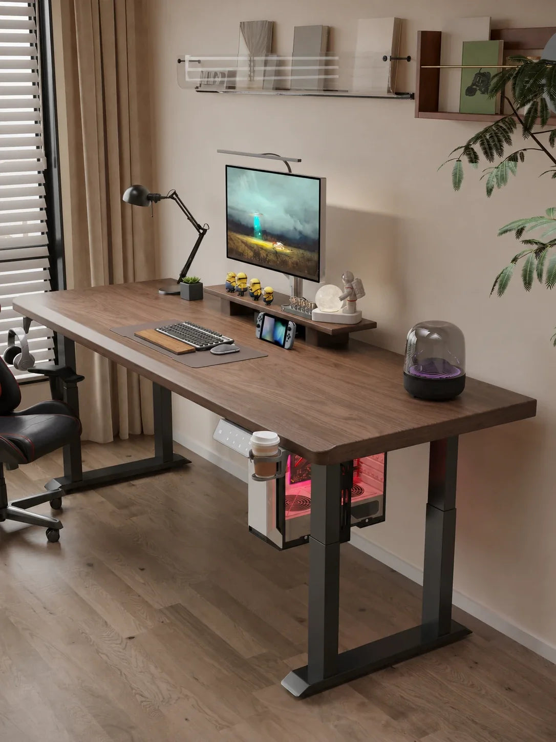 four leg solid wood dual motor standing desk in a modern home office