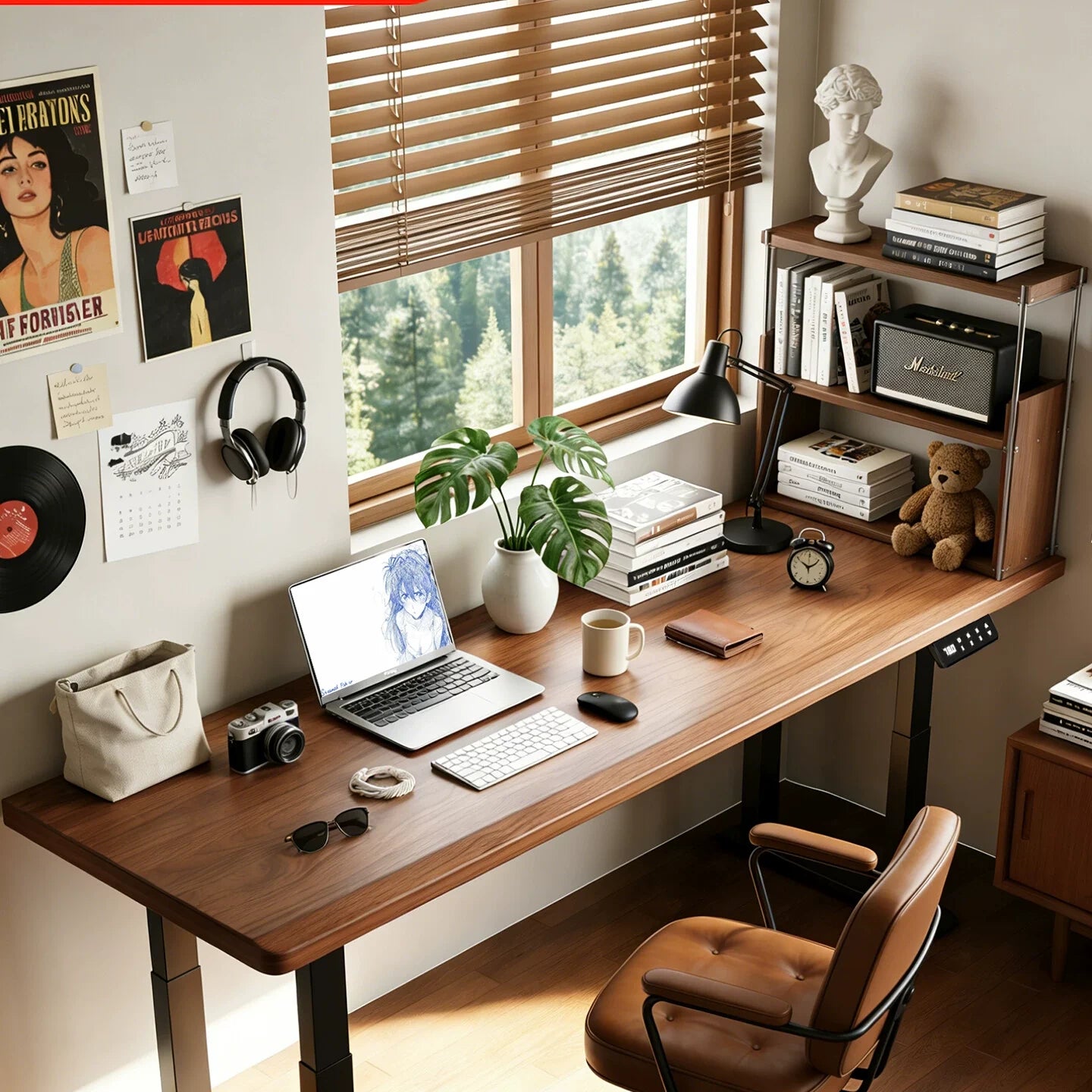 four-leg solid wood electric standing desk in a warm home office