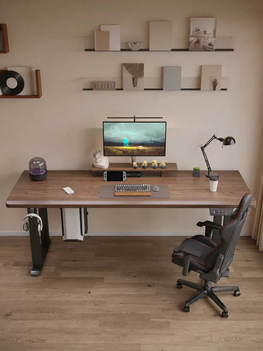 height adjustable solid wood standing desk with four leg frame