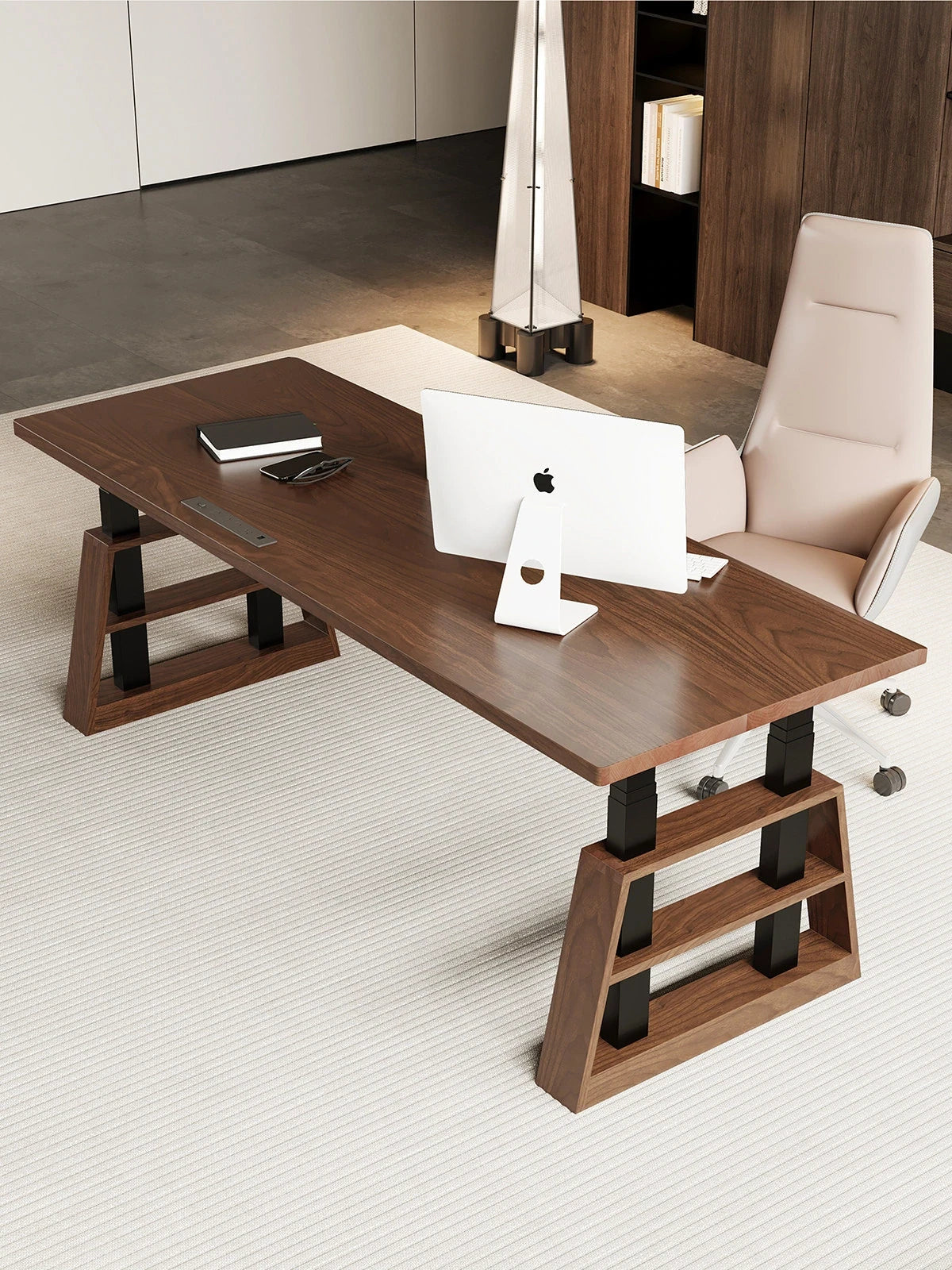 Four-motor solid wood electric standing desk in a home office