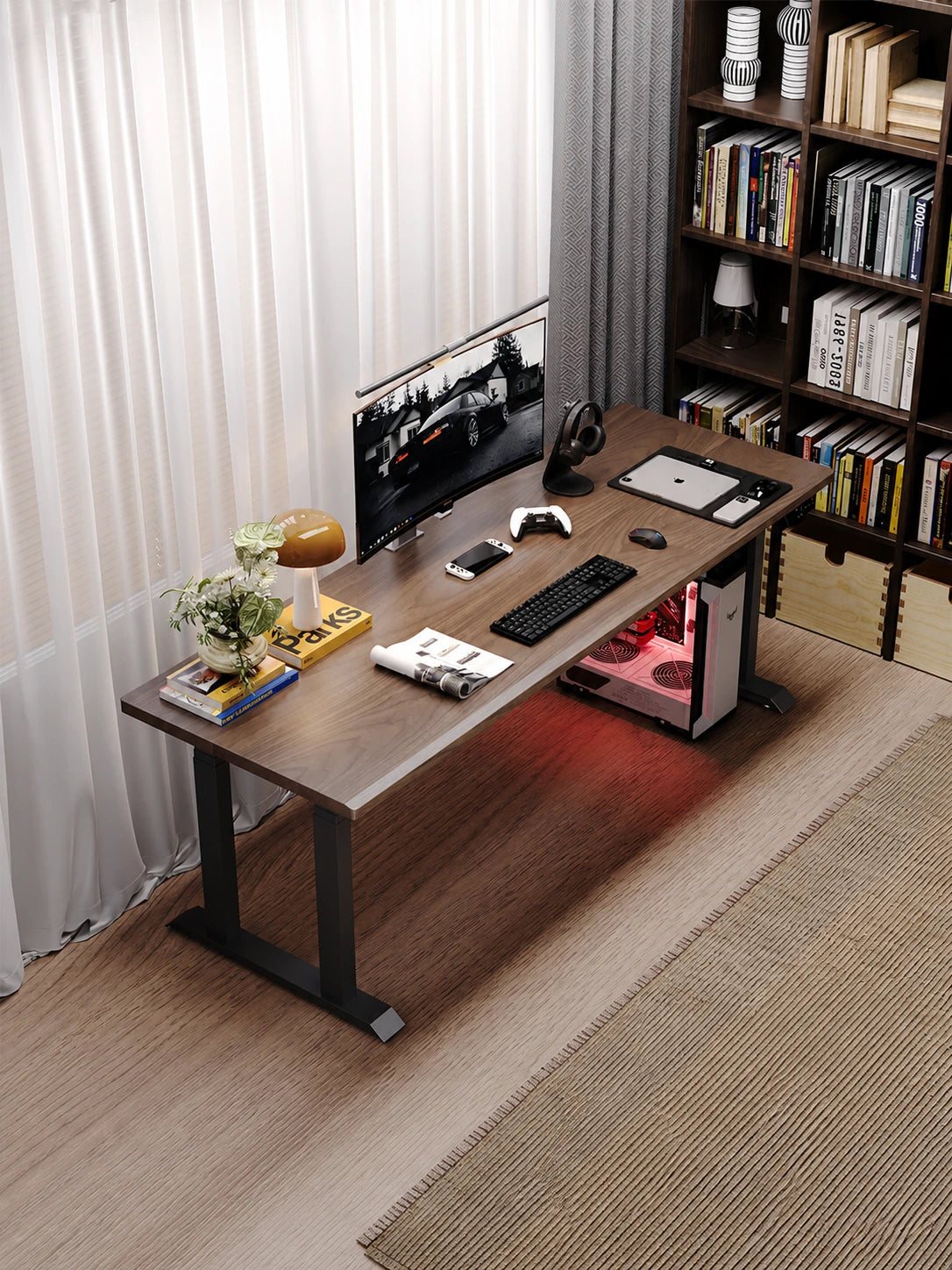 Four-leg solid wood electric standing desk in a home gaming workspace