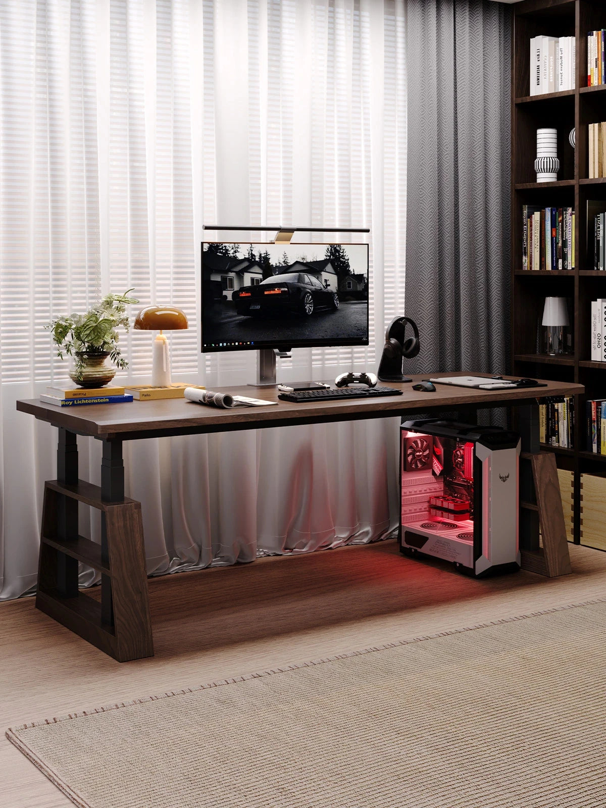 Wide four-motor electric standing desk with gaming workstation