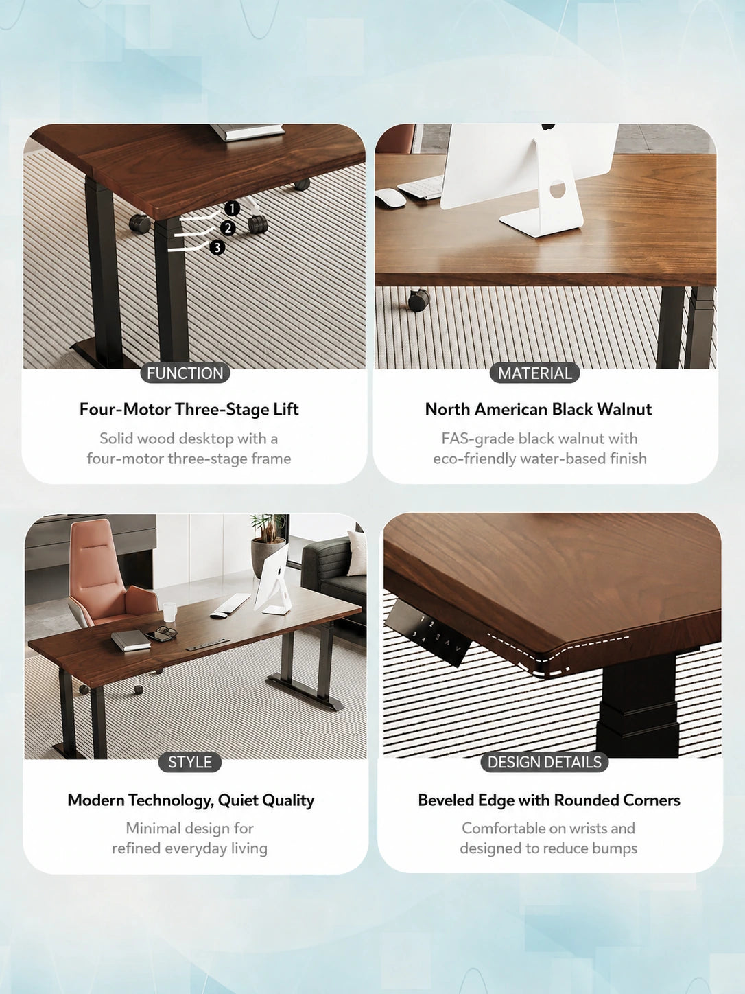 Four-motor solid wood standing desk materials and design details