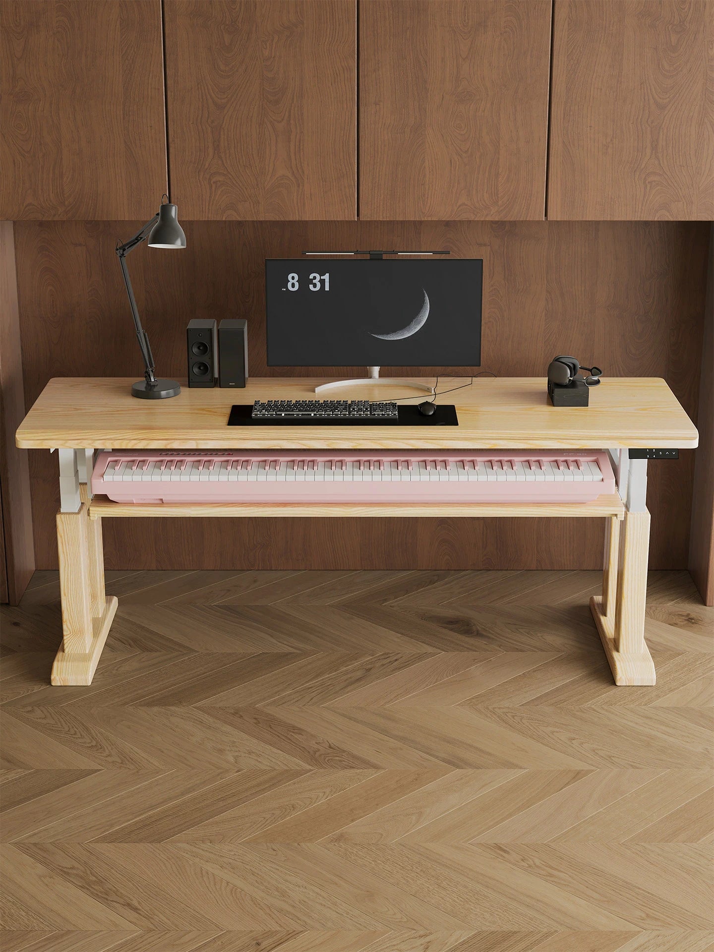 Four-motor white ash height-adjustable desk viewed from the front