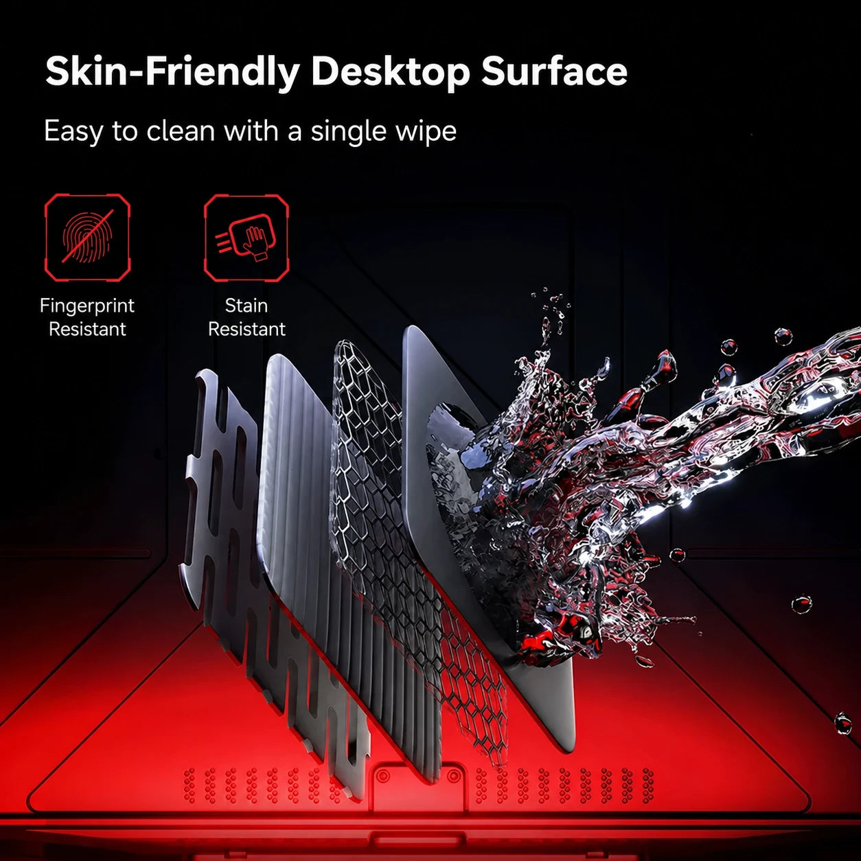 Skin-friendly desktop surface layers for an RGB gaming standing desk