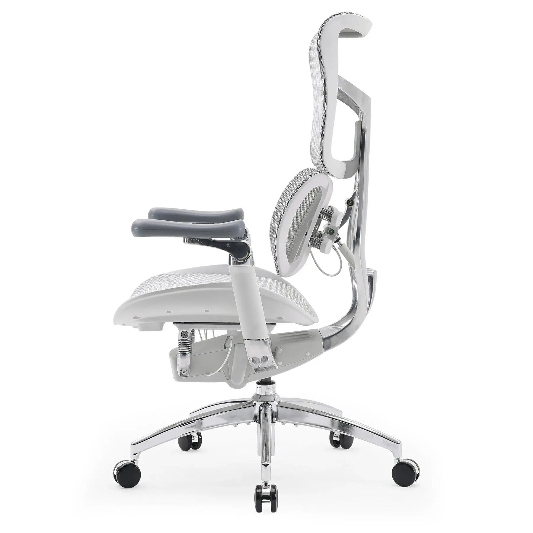 High-back white mesh ergonomic chair with an adjustable headrest to provide superior neck support for long hours of work.