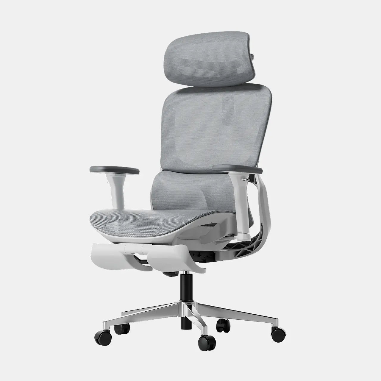 Grey mesh ergonomic office chair in recline mode with footrest extended, designed for comfortable power nap breaks.