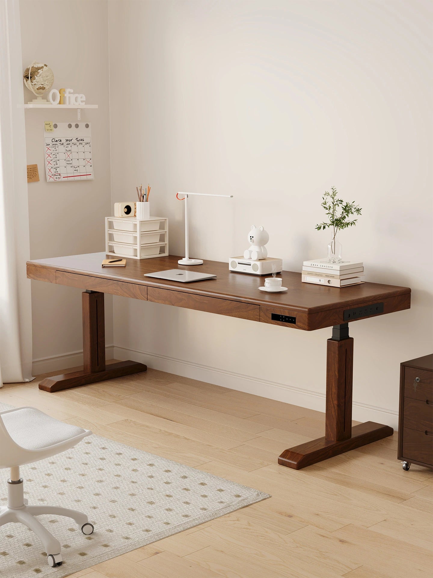 Height adjustable solid wood desk in a bright home office