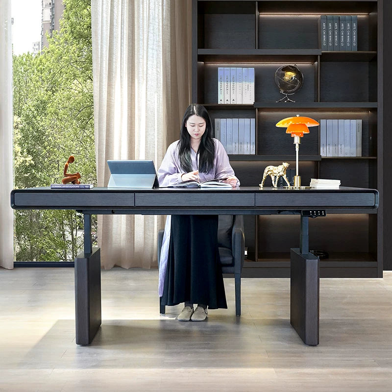 black oak height adjustable standing desk shown at standing height