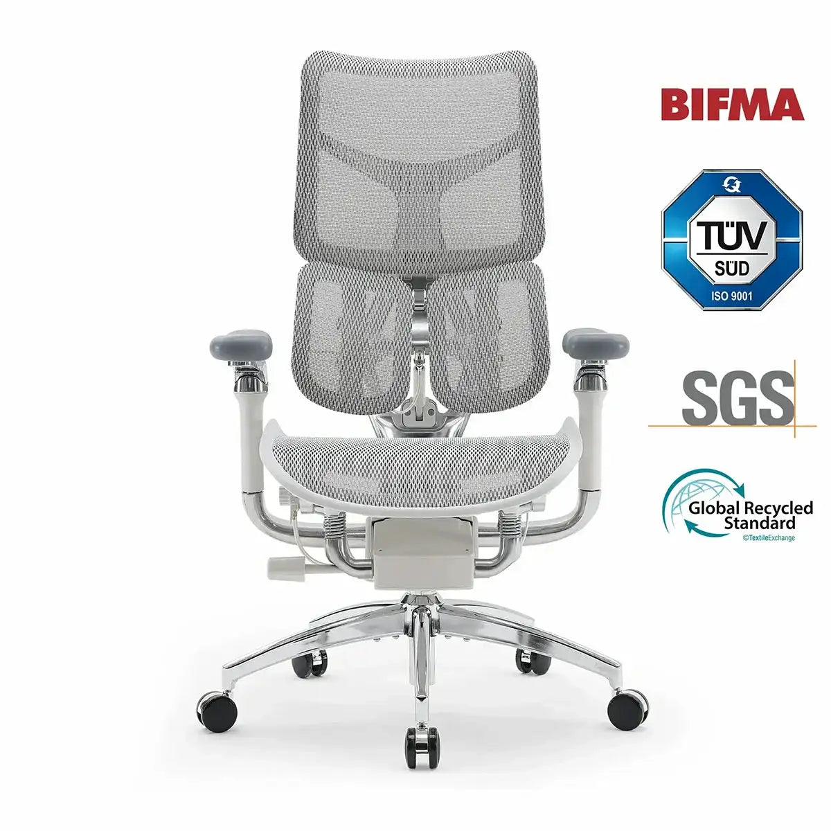 Premium white mesh executive office chair focused on professional aesthetics and advanced ergonomic support.