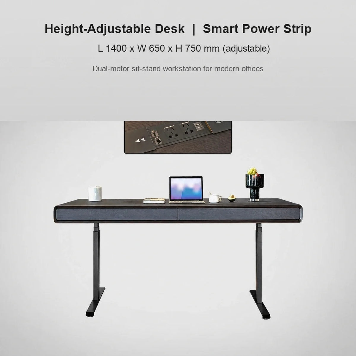 Italian dual-motor electric standing desk with smart power strip, 1400 x 650 x 750 mm