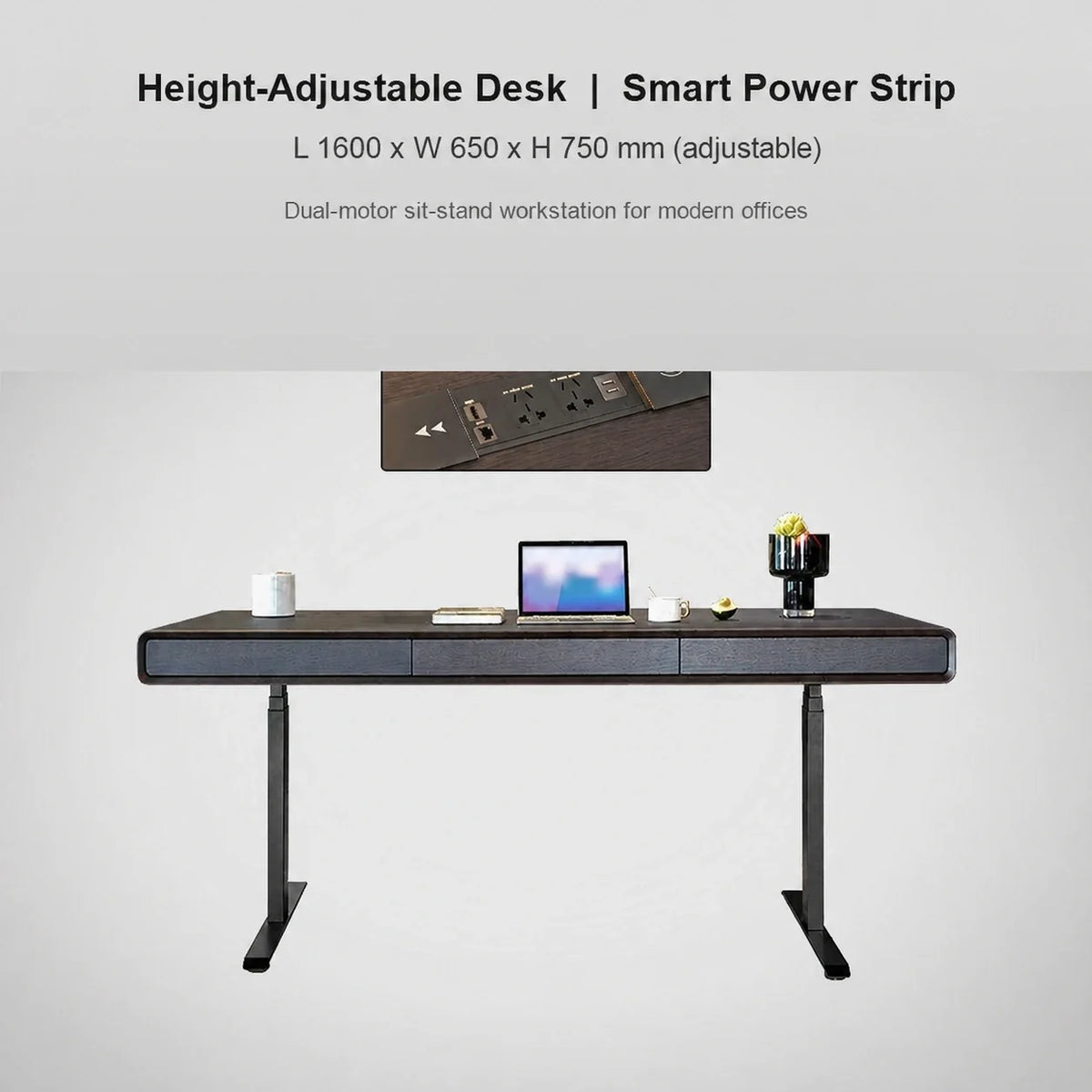 Italian dual-motor electric standing desk with smart power strip, 1600 x 650 x 750 mm