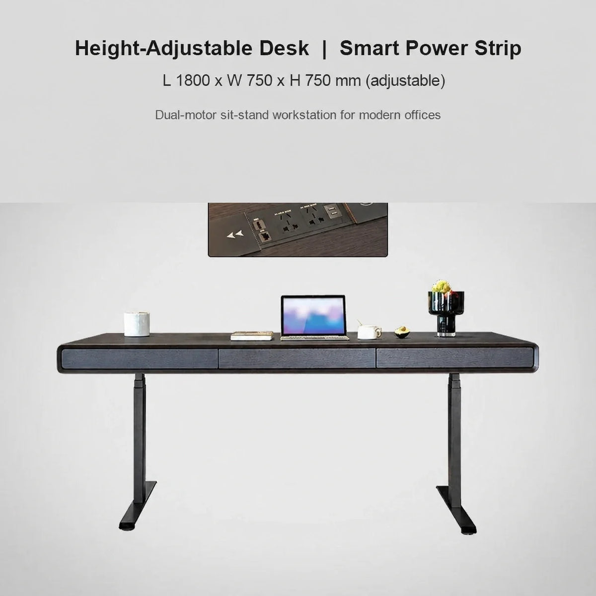 Italian dual-motor electric standing desk with smart power strip, 1800 x 750 x 750 mm