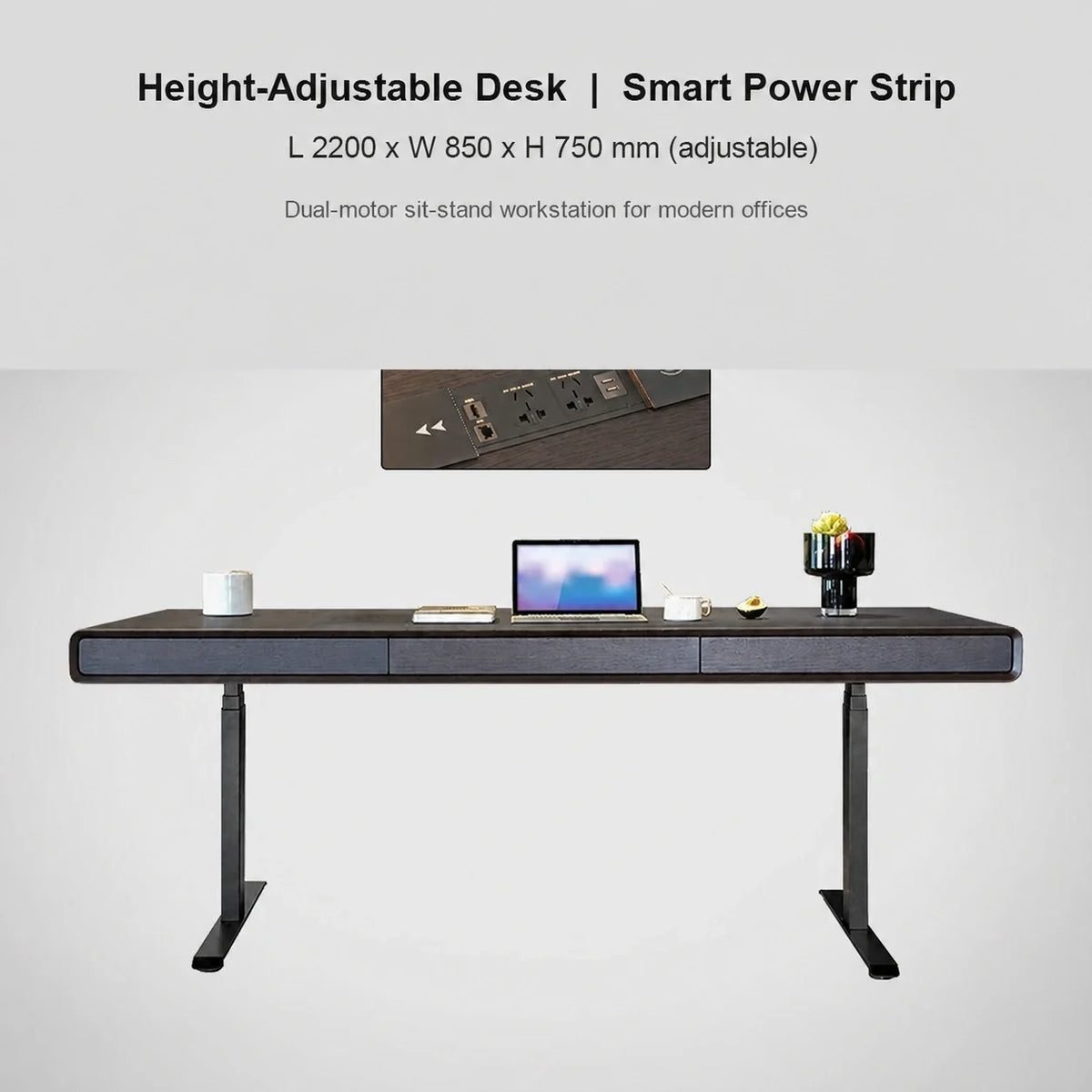 Italian dual-motor electric standing desk with smart power strip, 2200 x 850 x 750 mm