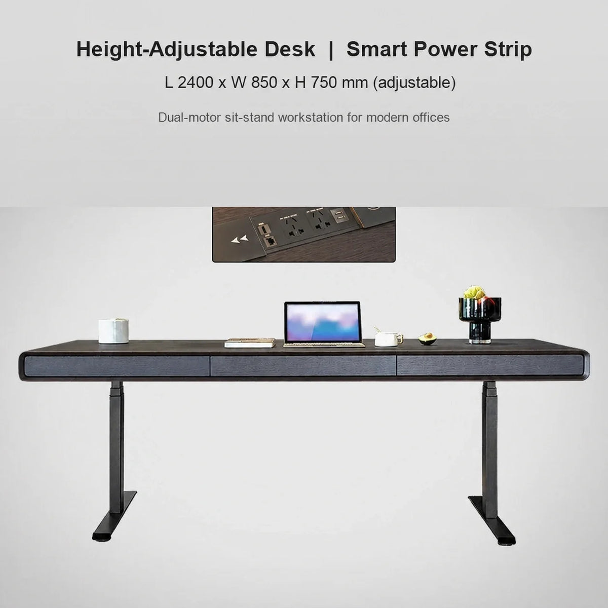 Italian dual-motor electric standing desk with smart power strip, 2400 x 850 x 750 mm