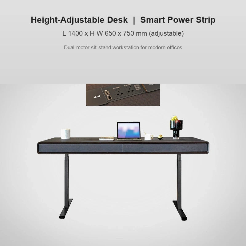 Italian electric standing desk with smart power strip, 1400 x 650 x 750 mm