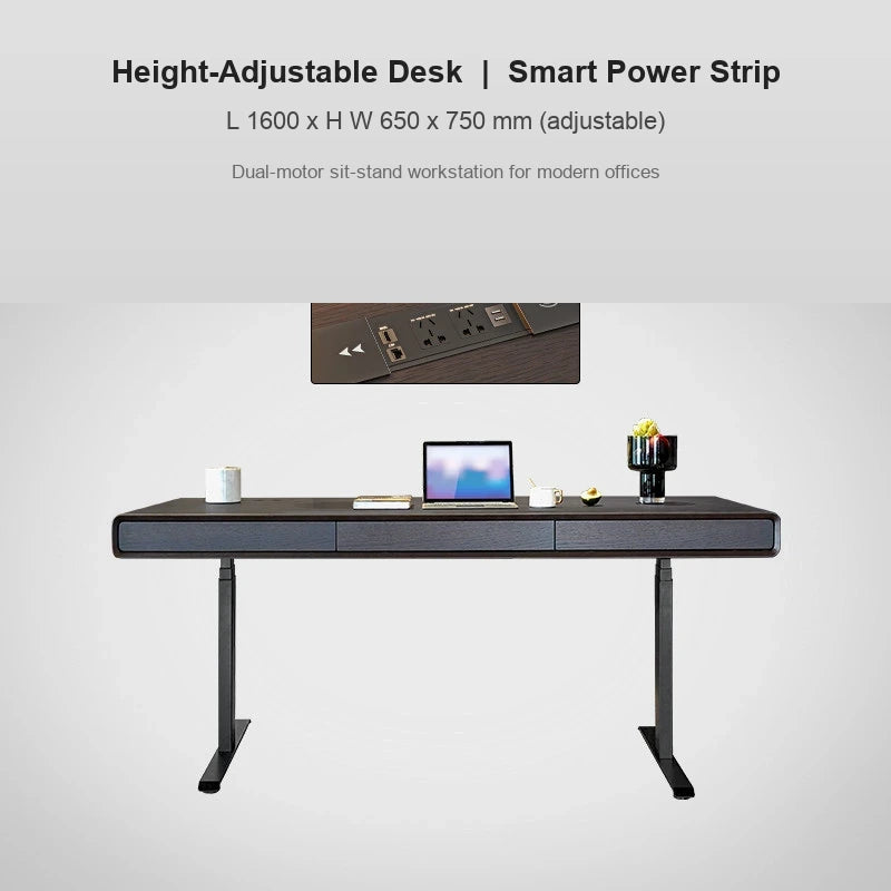 Italian electric standing desk with smart power strip, 1600 x 650 x 750 mm