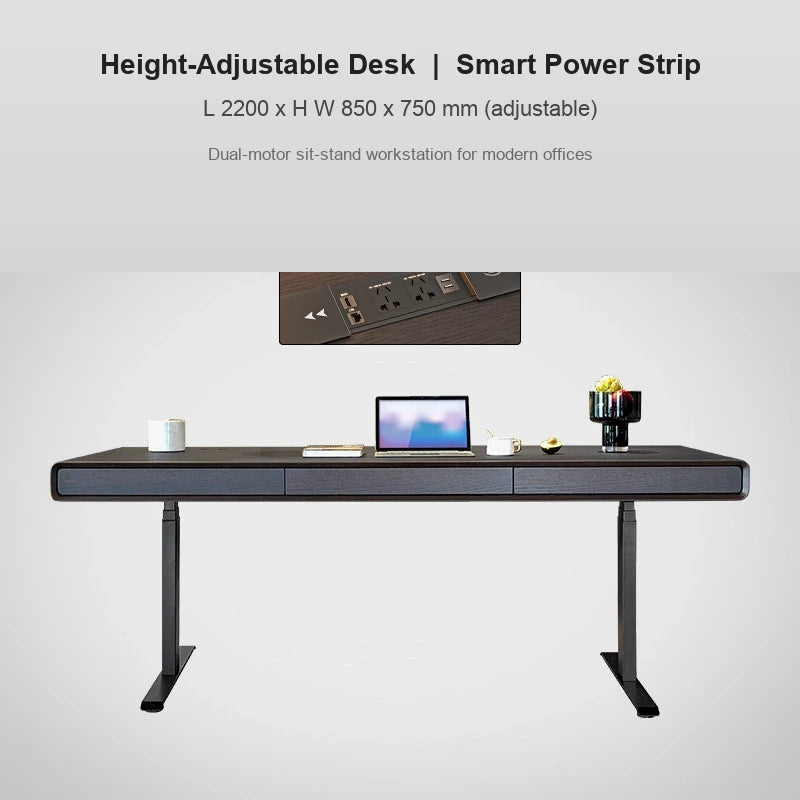 Italian electric standing desk with smart power strip, 2200 x 850 x 750 mm