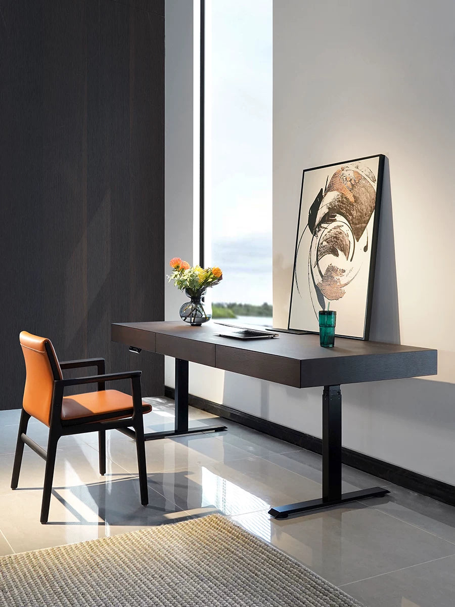 wide electric standing desk with drawers and built in power strip in modern home office