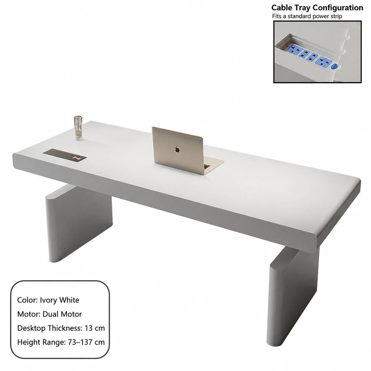 ivory white dual motor electric standing desk with integrated cable tray