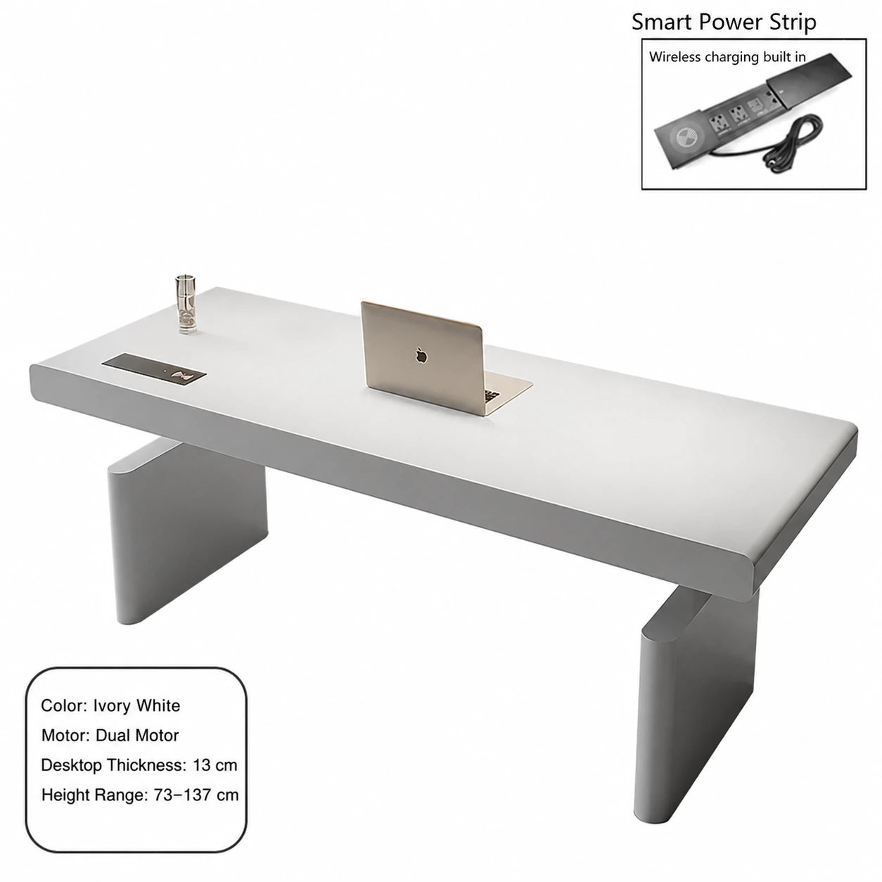 ivory white dual motor electric standing desk with smart power strip and wireless charging